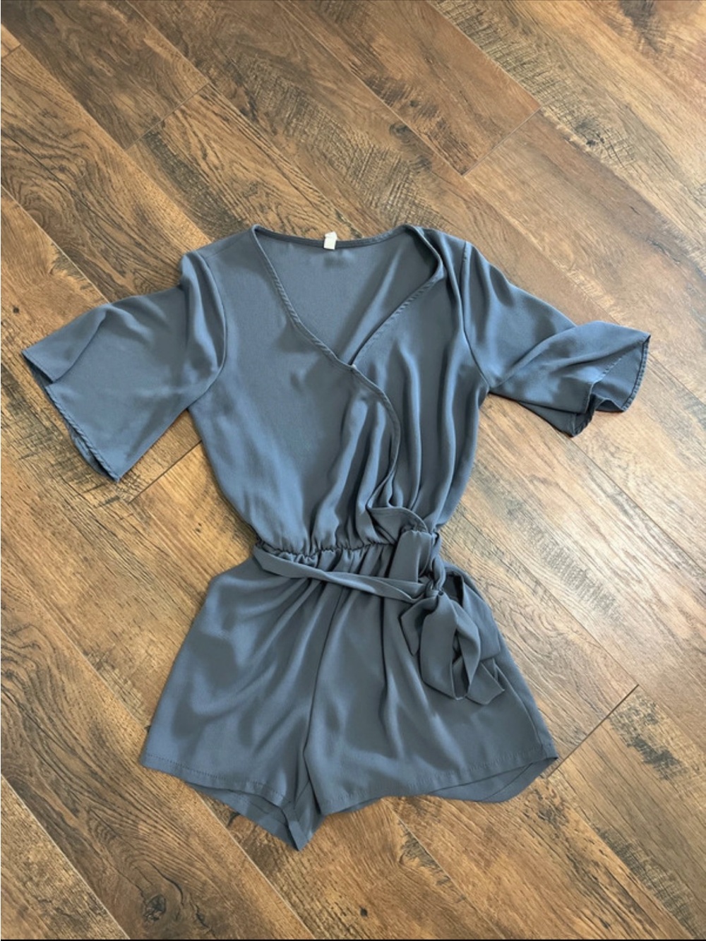 Tyche Slate Gray Wrap Romper with Tie Waist